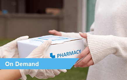 On Demand banner with pharmacy package being delivered.